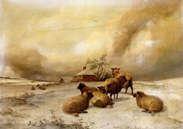 トーマス・シドニー・クーパー Painting - 冬の風景の中の羊 羊の家畜 トーマス・シドニー・クーパー